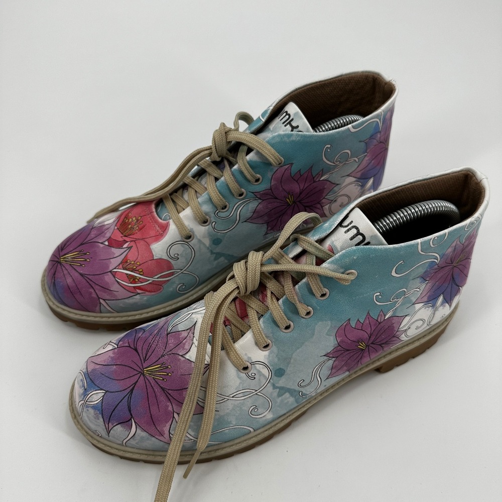 Mumka Floral Ankle Boots Watercolor Print Lace Up Lug Sole 41 Cottagecore Garden - Picture 2 of 10